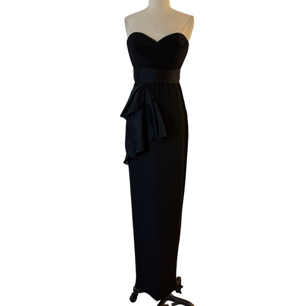NWT Marchesa Notte Black Strapless Silk Gown Column Dress Sz‎ 2 Tiered Pleated